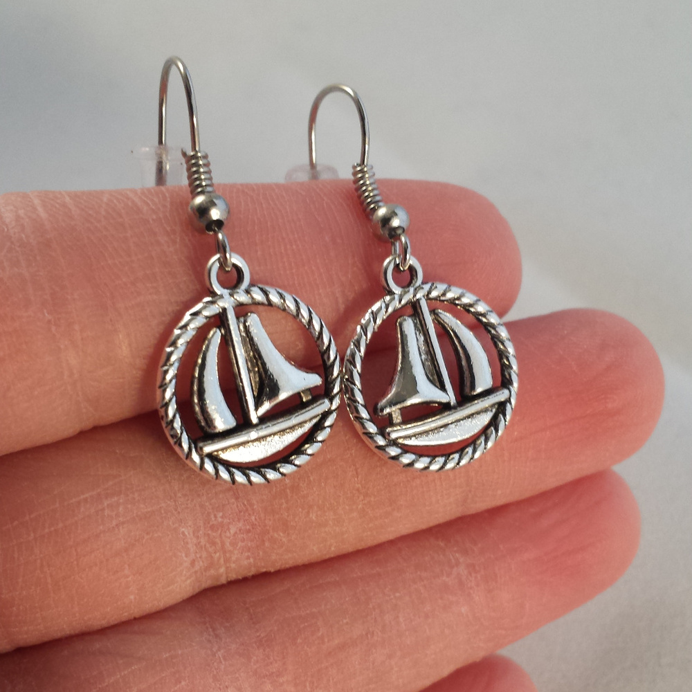 Silver Nautical Cruise Sail Boat Dangle Earrings